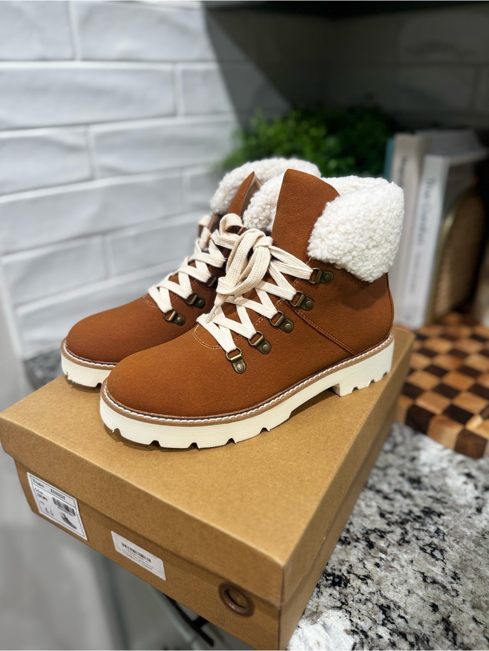 Chestnut Lace-Up Sherpa Ankle Boots with Cream Sole